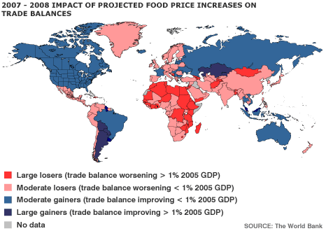 kaart die de globale veranderingen toont op de handelsbalansen voor graan